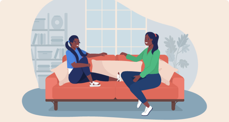 Illustration of Teen and Adult sitting on a sofa talking