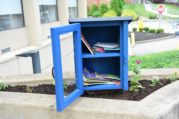 a blue Little Library sits with the door open and books inside