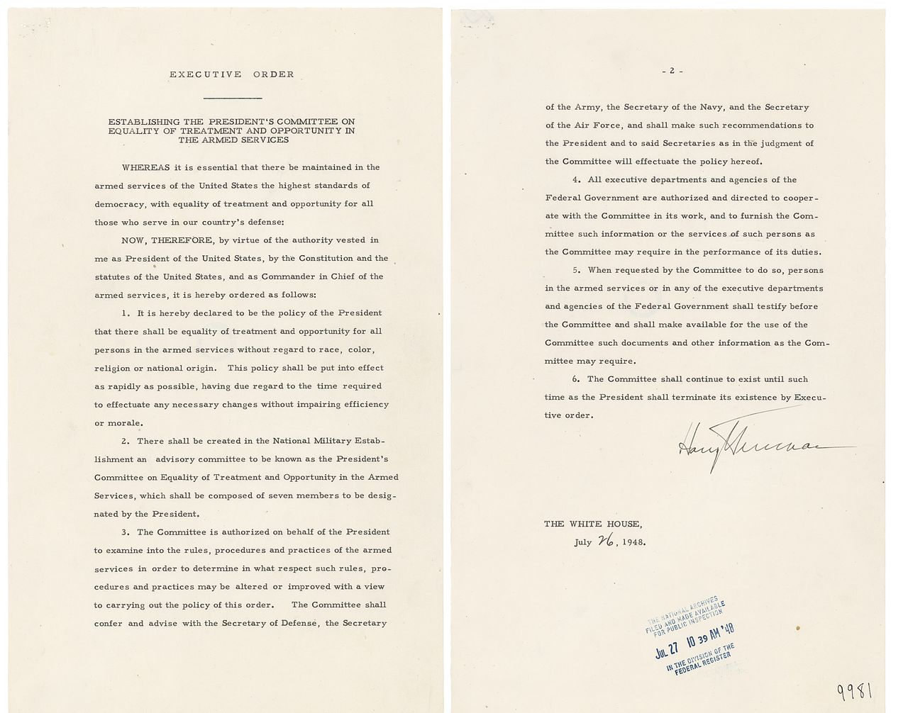 Harry Truman's Executive Order establishing equality of treatment and opportunity in the armed services.
