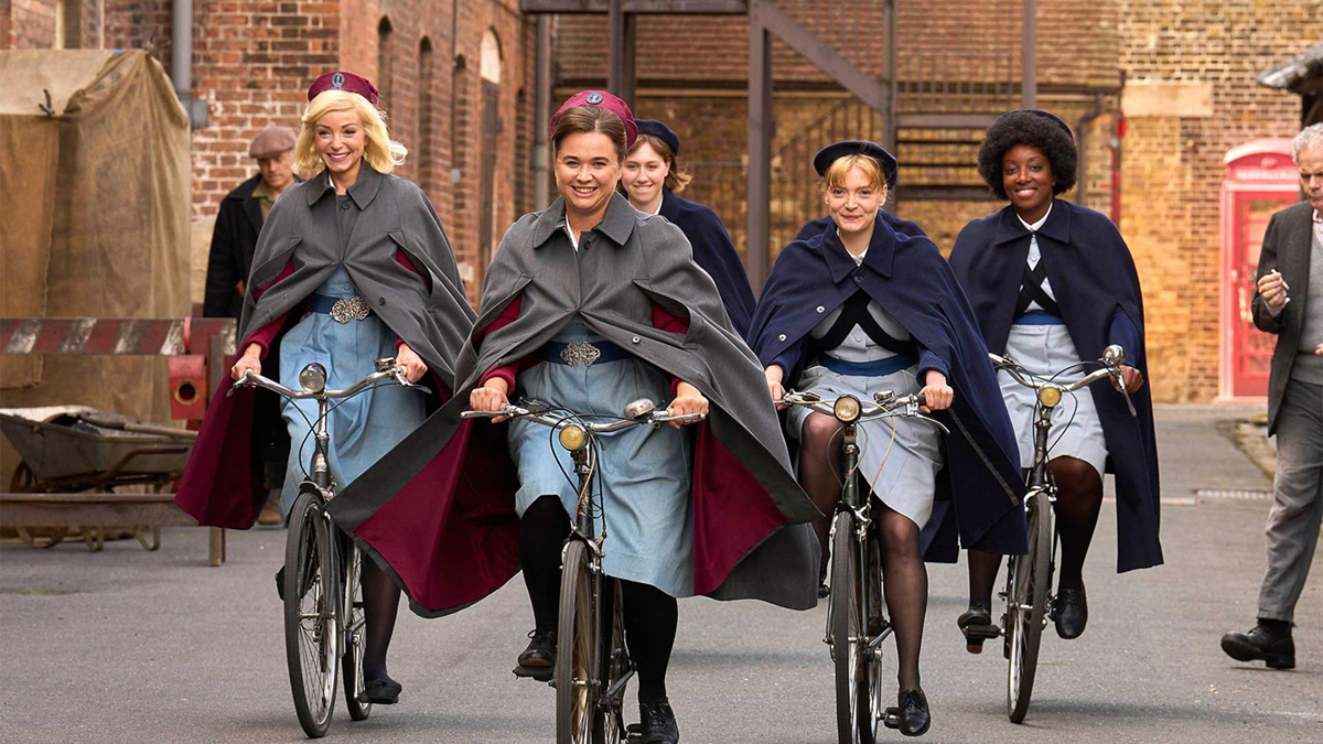 Group of midwives on bicycles