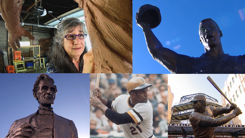 Susan Wagner and photos of her statues of Roberto Clemente and Abraham Lincoln